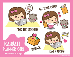 Kawaii girl clipart, happy mail clipart, cute girl clip art, planner ...