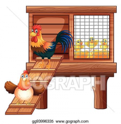 Vector Clipart - Chicken and chicks in coop. Vector ...