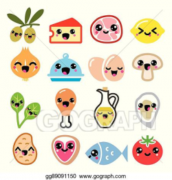 Vector Clipart - Kawaii cute food characters - meat, vegetables ...