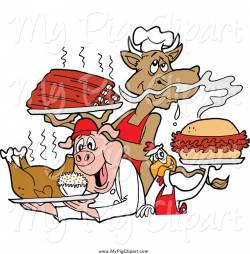 Swine Clipart of a BBQ Cow Holding Ribs, Chicken Carrying a Pulled ...