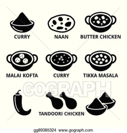 Vector Art - Indian food and dishes - curry, naan bread, butter ...