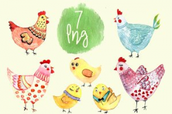 Watercolor chickens Photos, Graphics, Fonts, Themes, Templates ...