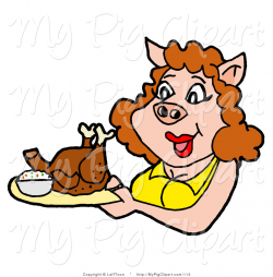 Swine Clipart of a Pig Woman in a Yellow Shirt, Carrying a Roast ...