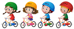 Four kids riding bike with helmet on illustration Royalty-Free Stock ...