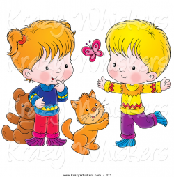 Critter Clipart of a Cheerful Cat, Boy and Girl Chasing a Butterfly ...
