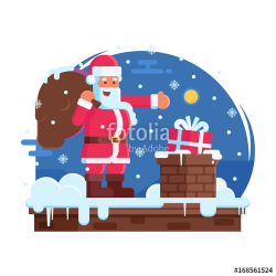Happy Santa Claus with bag putting gift box in a chimney. Merry ...