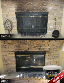 Smoke stains on a stone fireplace - before and after being cleaned ...