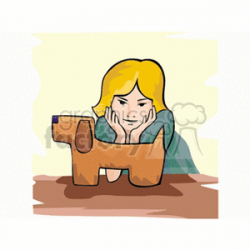 A little girl with her hands on her chin staring at a stuffed dog clipart.  Royalty-free clipart # 158740