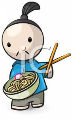 A Colorful Cartoon of a Chinese Man Holding a Bowl of Noodles and ...