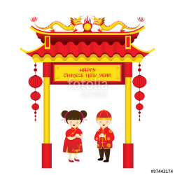Chinese New Year, Boy and Girl and Chinese Gate, Traditional ...
