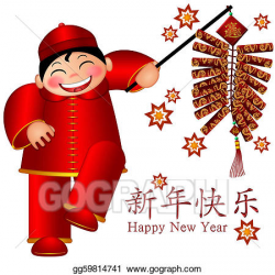 Stock Illustration - Chinese boy holding firecrackers text wishing ...