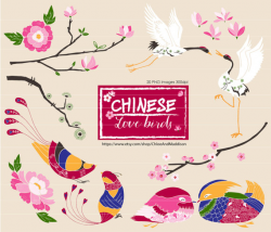Chinese Love Birds Clipart Set Chinoiserie Birds & Flowers