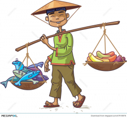 Asian Merchant With Fresh Fish And Fruits Illustration ...