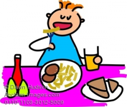 Clipart Image of A Hungry Little Boy Eating Burger And Chips And ...