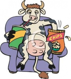 A Cow Laying In a Chair Eating Chips and Drinking a Soda - Royalty ...