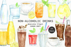 Watercolor non-alcoholic drinks clipart, water, juice, milk, fizzy ...
