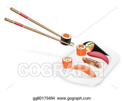 Drawing - Diverse set of sushi with chopsticks on a plate ...