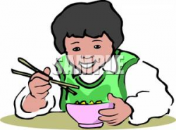 Clipart Picture: A Smiling Girl Eating a Bowl of Food with Chopsticks