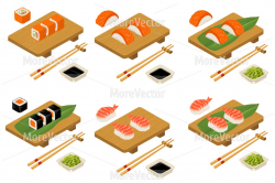 Set Sushi Nigiri and roll with shrimp, chopsticks, soy sauce in bowl ...