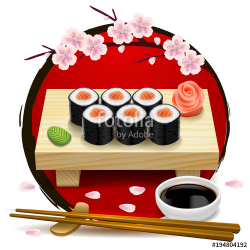 Sushi on wooden tray. Red symbol of Japan and sakura. Chopsticks ...