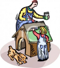 A Colorful Cartoon of a Father and Daughter Painting a Doghouse ...