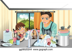 Clip Art Vector - Father and son washing dishes. Stock EPS ...