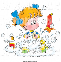 Clip Art of a Little Girl Happily Washing Dishes in a Soapy Kitchen ...