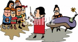 A Colorful Cartoon of a Teacher Instructing a Choir - Royalty Free ...
