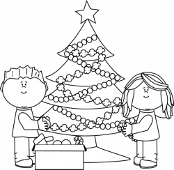 Black and White Kids Decorating Christmas Tree Clip Art - Black and ...