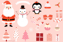 Cute Christmas clip art set, Kawaii Santa Claus clipart ...