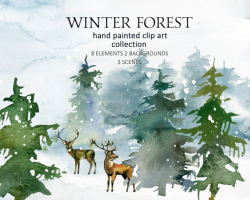 Pine Trees Deer Watercolor Clipart Fir Trees PNG Christmas Winter ...