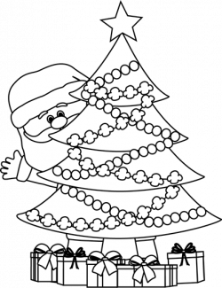 Black and White Santa Behind Christmas Tree Clip Art - Black and ...
