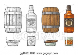 Vector Art - Whiskey glass with ice cubes, barrel, bottle ...