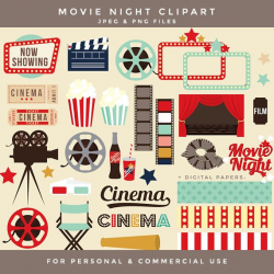 Movie night clipart - movie clip art cinema retro clipart vintage theatre  theater popcorn cinema film reel digital papers frames film TV