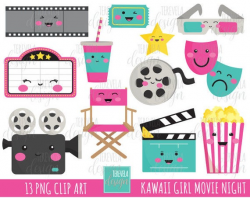 50% SALE kawaii MOVIE clipart, movie night clipart, girl movie party,  commercial use, kawaii clipart, theather clipart, cinema clipart, cute