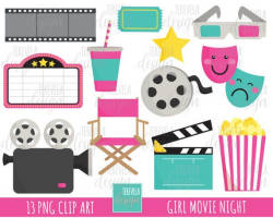 50% SALE MOVIE clipart, movie night clipart, girl movie party, commercial  use, theather clipart, cinema clipart, movie prty, cute, film