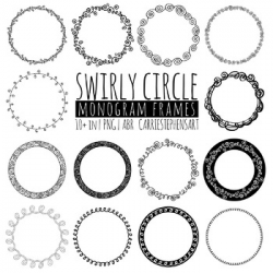 Swirl Border Circle Frames, Round Label ClipArt, Circle Borders, Black Line  Art