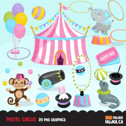 Circus Clipart pastel Big top carnival graphics, amusement park, elephant  circus act, monkey, magic show, birthday party, tent design