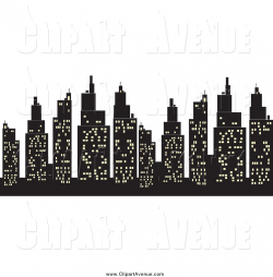 Avenue Clipart of a Silhouetted Skyscrapers Skyline with Lit ...