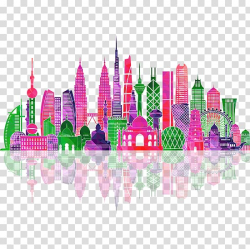 Pink and green city building artwork, Asia Skyline ...