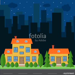 Vector night city with cartoon houses and buildings. City ...