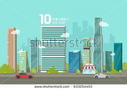 City buildings along street road illustration, cityscape ...