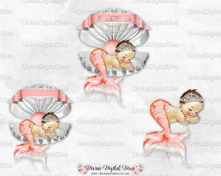 Mermaid Baby Girl Sleeping in Clam Shell Peach & Silver Tiara Tail Pearls |  Princess Vintage Baby Light Skin Tone | Clipart instant Download