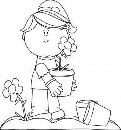 clip art black and white | Black and White Girl Planting Flowers ...