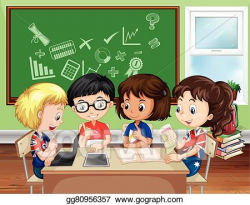 Vector Clipart - Children working in group in the classroom ...