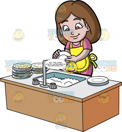 A Girl Washing A Stack Of Dirty Dishes