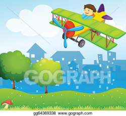 Vector Illustration - A boy riding in a plane above the hill ...