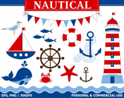Digital Nautical Clip Art Boat, Lighthouse, Whale, Anchor, Sea, Fish, Buoy  Clip Art