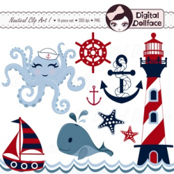 Nautical Clip Art, Sailboat, Anchor, Lighthouse, Whale, Starfish Clipart
