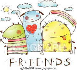 Vector Clipart - Cute friends monster animals with clouds ...